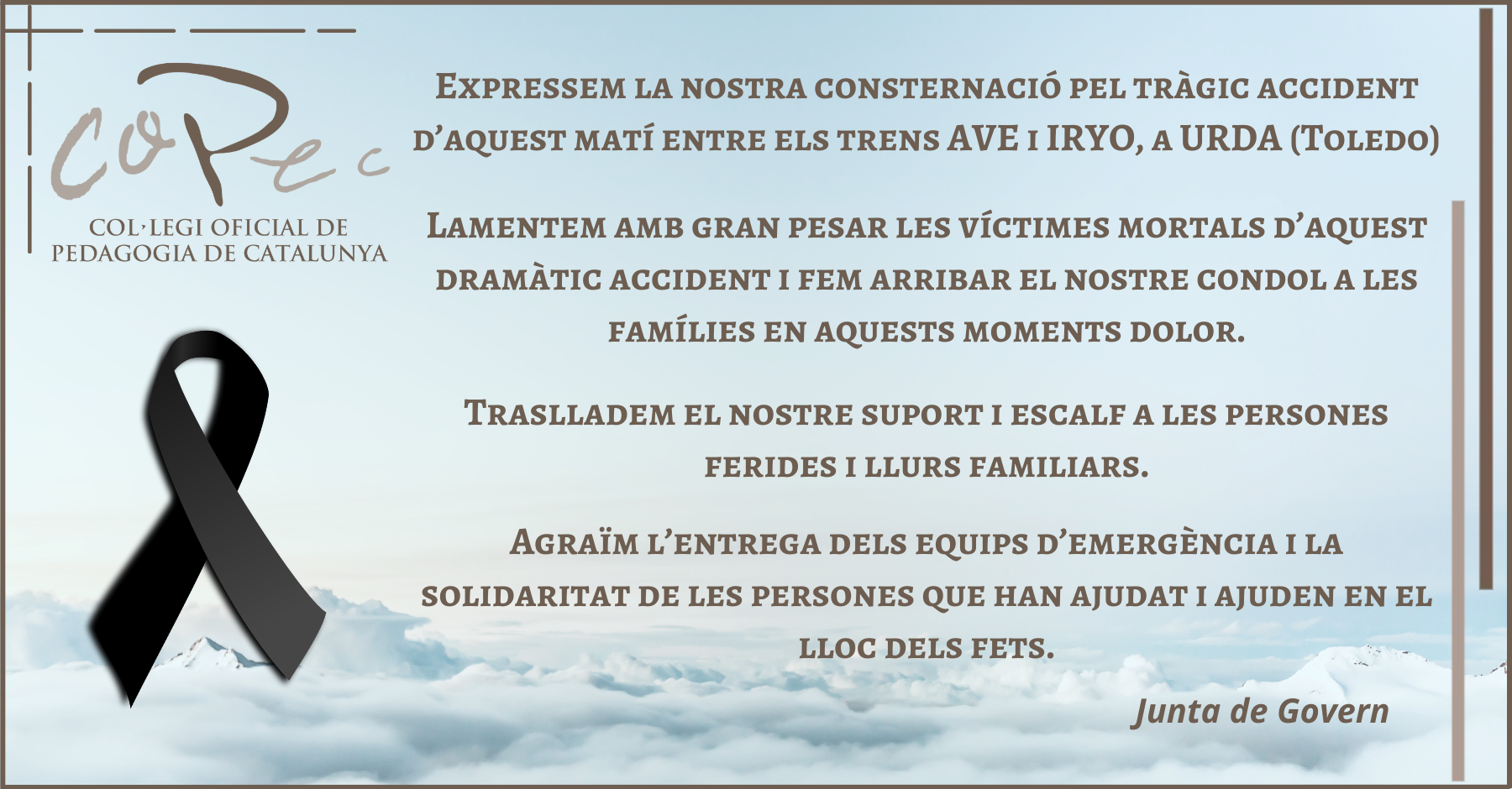 Col·legi Oficial de Pedagogia de Catalunya >  > CONSTERNACIÓ PEL TRÀGIC ACCIDENT A URDA (TOLEDO)