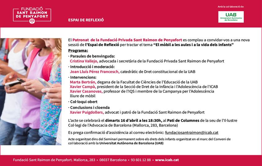 Col·legi Oficial de Pedagogia de Catalunya > agenda > El mòbil a les aules i a la vida dels infants - ICAB: 16/4/24 - 18:30 h