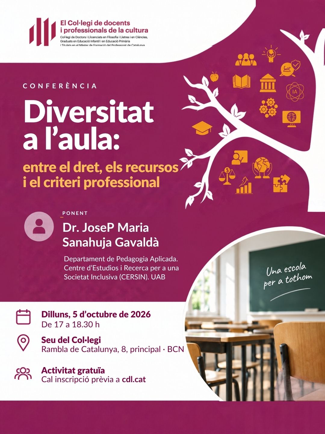 Col·legi Oficial de Pedagogia de Catalunya > agenda > Conferència amb motiu del Dia Mundial dels Docents. “Diversitat a l’aula: entre el dret, els recursos i el criteri professional”